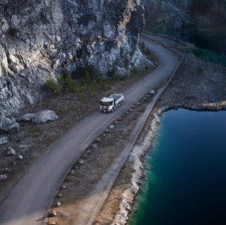 Aerial view of truck in limestone quarry