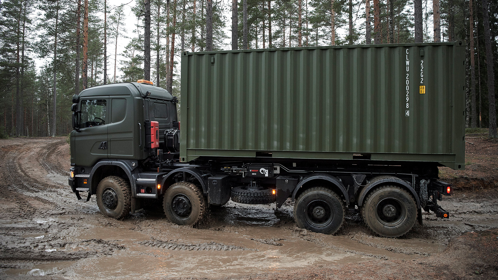 Scania G 490 8x6, twin steer with container and hooklift.