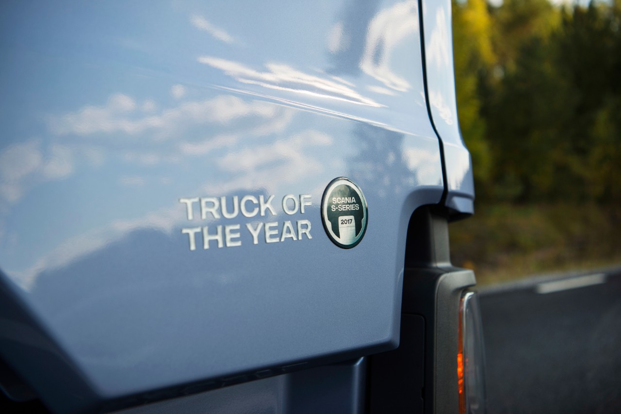 Detailed view of Truck of the year marking on the campaign area of a blue truck