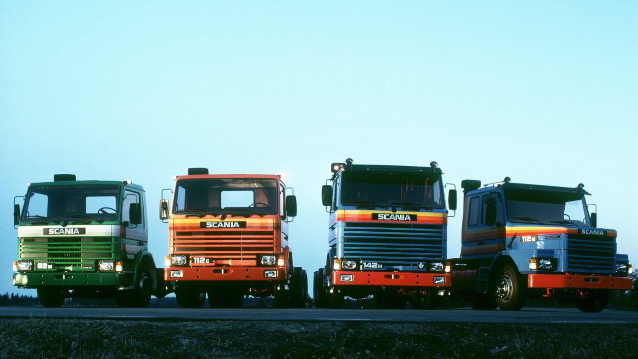 Scania GPRT range launched in 1981. From the left: 82M, 112E, 142H, 112M

 