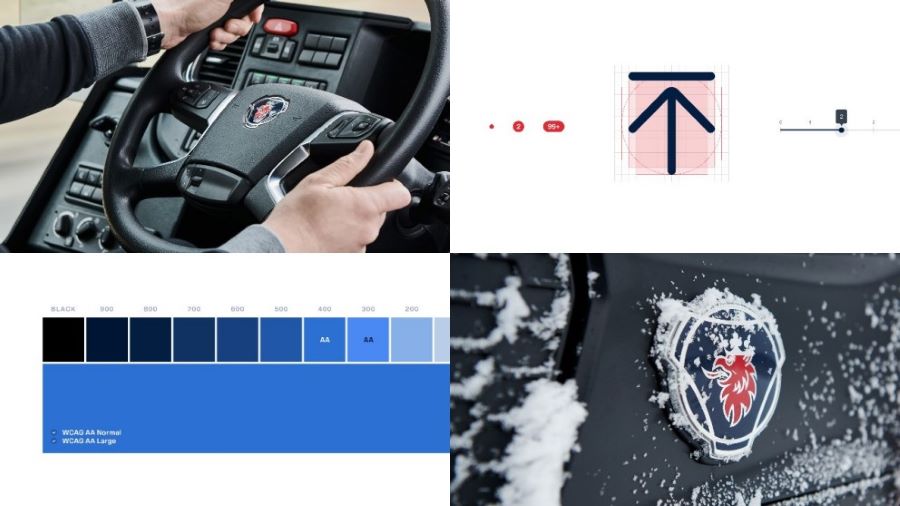 Moodboard with photo of steering wheel, digital design elements, blue colour scale and detailed view of frosty truck symbol badge