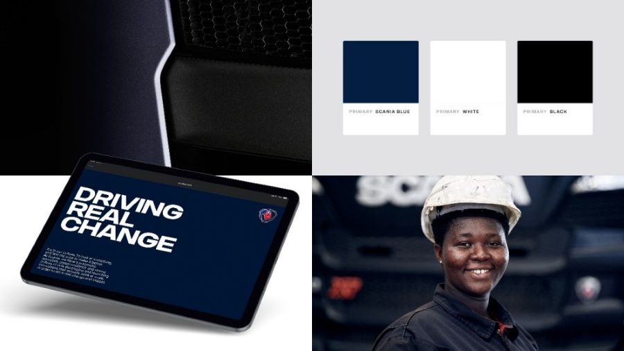 Moodboard with detailed photo of truck front, colour codes, tablet with bold text and photo of confident woman in front of truck