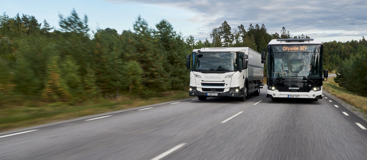 Eldriven Scanialastbil och Scaniabuss